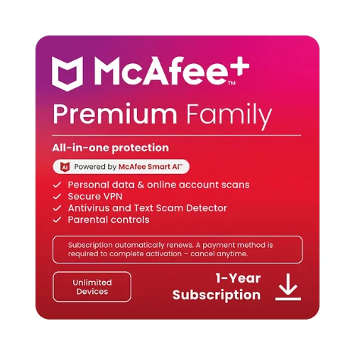 McAfee+ Premium Family Antivirus for Unlimited Devices, 1 Year